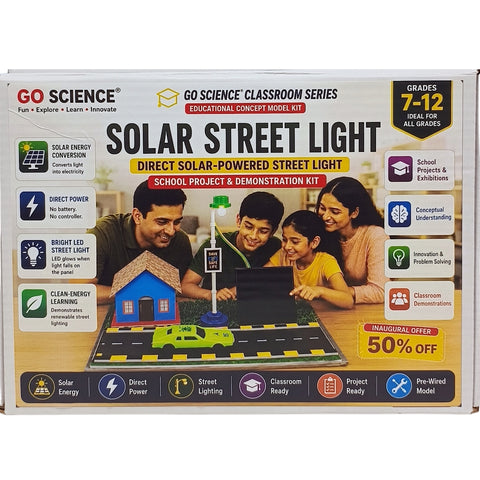 Go Science Solar Street Light Classroom Concept Kit box, designed for grades 7-12. The packaging features a colorful illustration of a family looking at a solar light setup with a small house, green car, and street sign on a road, surrounded by feature icons.