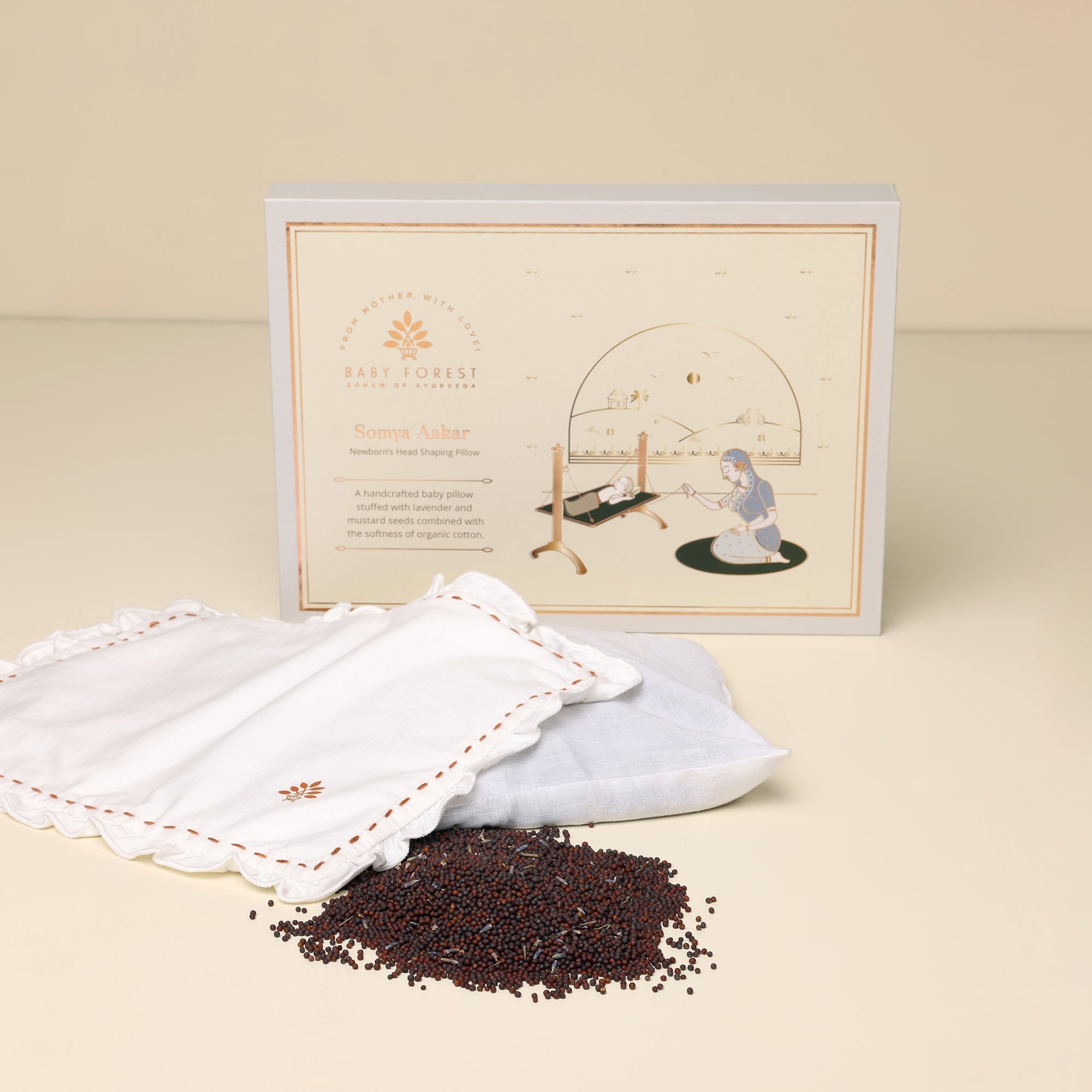 Baby forest pillow Mustard packaging with lavender leaves and a decorative card on a beige background