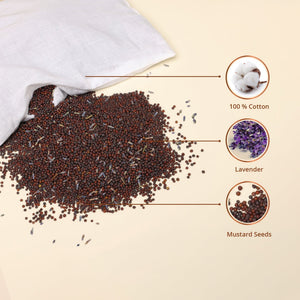 Spices including mustard seeds and lavender infused in baby forest pillow on a beige background with a white bag.