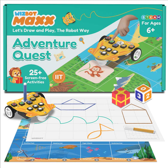 Wizbot Maxx toy set with robot, mat, and accessories on a white background. Stempedia Wizbot-Maxx-Adventure-Quest-Kit-1 available at Go Science