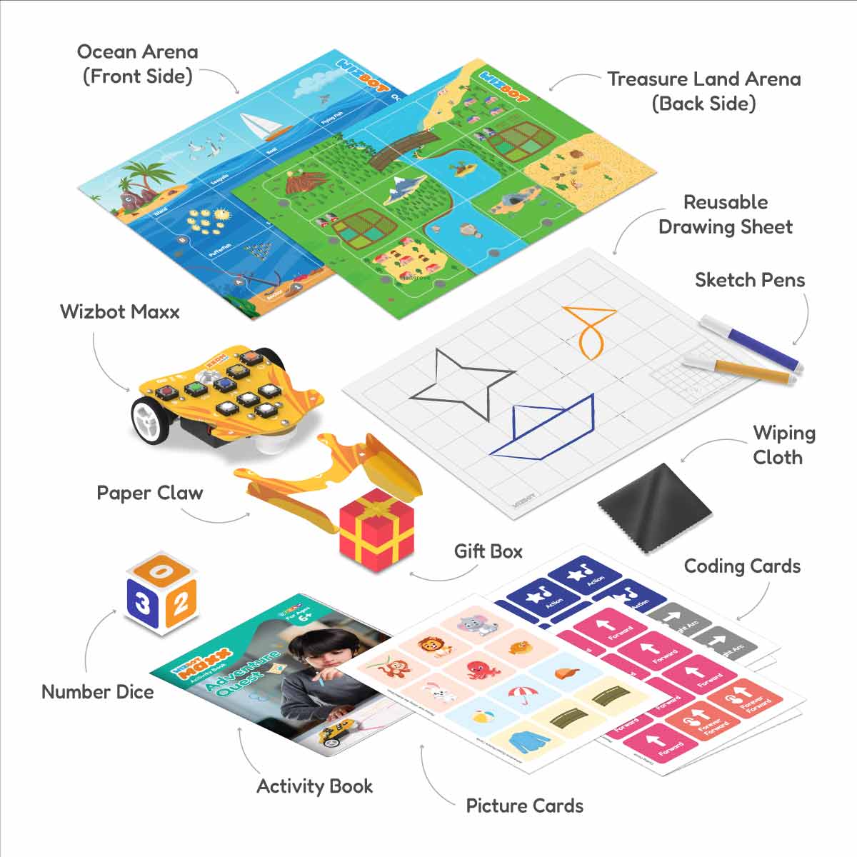 Educational toy set with maps, coding cards, and other components on a white background. Stempedia Wizbot at Go Science