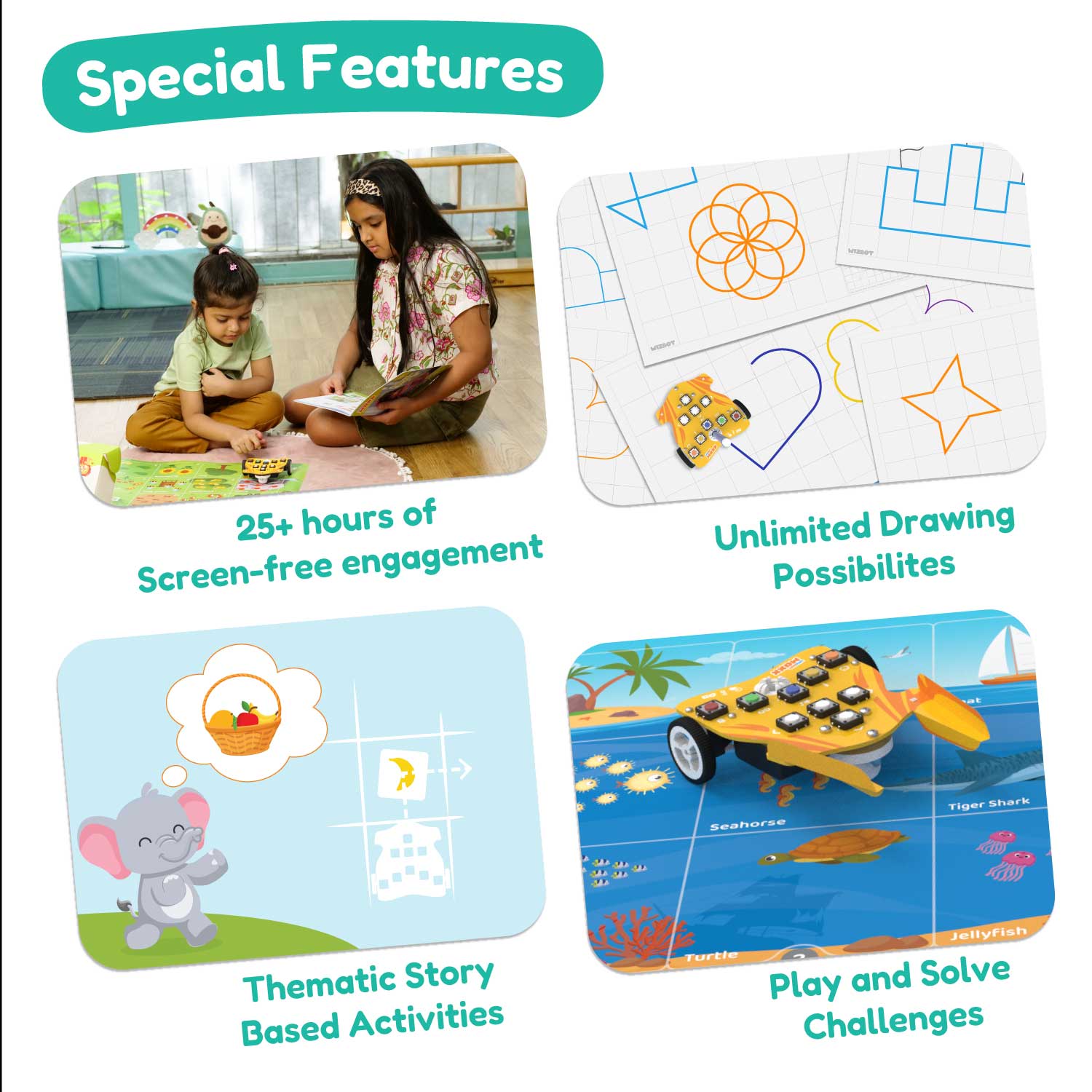 Product packaging with images of children using a tablet and text highlighting features like screen-free engagement, drawing possibilities, and activities. Stempedia Wizbot Adventure-Quest-Screen-free-robot-toy-activities-and-Features available at go science