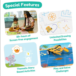 Product packaging with images of children using a tablet and text highlighting features like screen-free engagement, drawing possibilities, and activities. Stempedia Wizbot Adventure-Quest-Screen-free-robot-toy-activities-and-Features available at go science