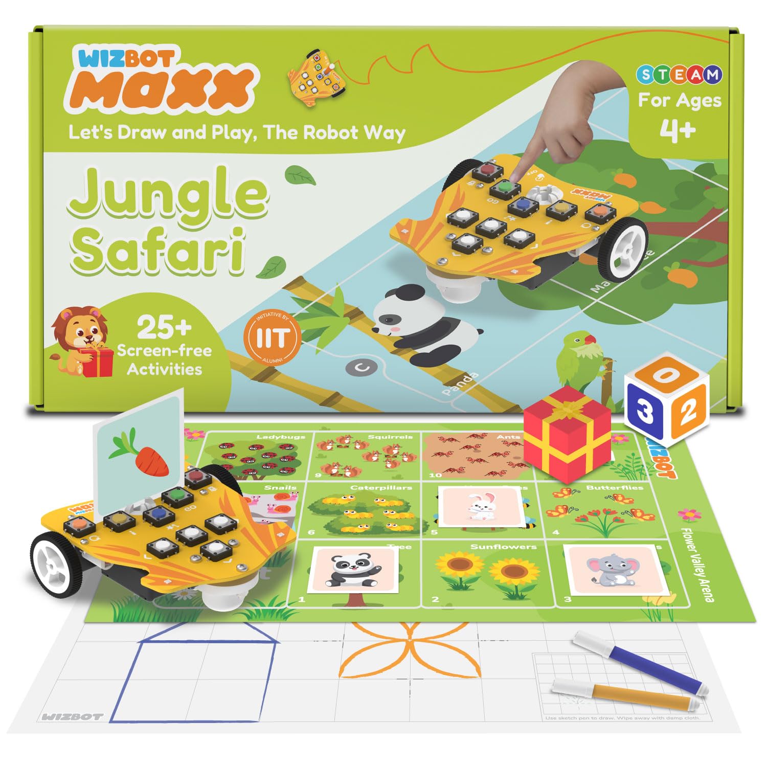 Wizbot Maxx Jungle Safari educational toy set with robot, mat, and accessories on a white background. Stempedia Wizbot Maxx Jungle Safari – Screen-Free STEM Robot Toy for Kids Age 4+ available at go science
