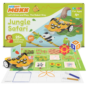 Wizbot Maxx Jungle Safari educational toy set with robot, mat, and accessories on a white background. Stempedia Wizbot Maxx Jungle Safari – Screen-Free STEM Robot Toy for Kids Age 4+ available at go science