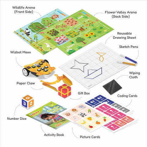 Educational toy set with components including a coding board, paper claw, and activity book on a white background. Stempedia Wizbot Maxx Jungle Safari – Screen-Free STEM Robot Toy for Kids Age 4+ image 2 available at go science 