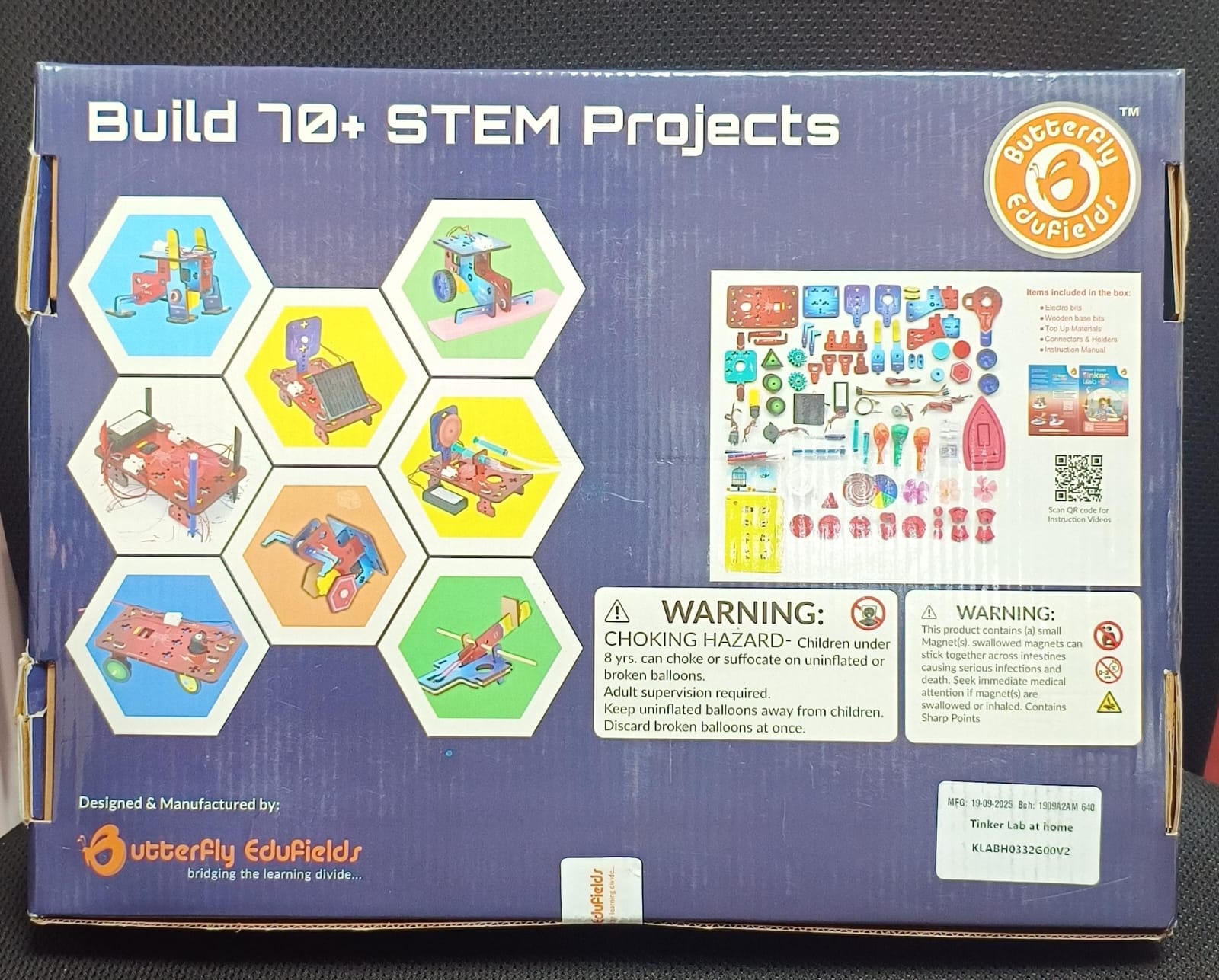 Box of a STEM project kit with colorful illustrations and warning Untitled-1Butterfly Edufields Tinker Lab at Home at Go Science Product Image 02labels.
