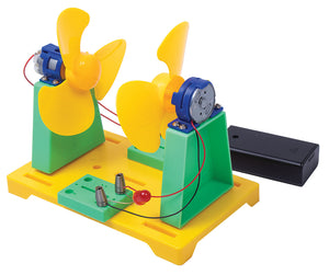 Science experiment kit with two yellow propellers on green bases, connected by wires, on a yellow base. Wind Turbine Power Generator by Itsy Bitsy at Go Science_Product Image 2