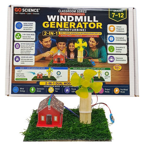 GO Science Windmill Generator Classroom Series kit shown with its retail box on a white background. The kit includes a small wind turbine with yellow blades, a red house model, grass mat, wires, and a motor fan, with the product packaging displayed behind it.