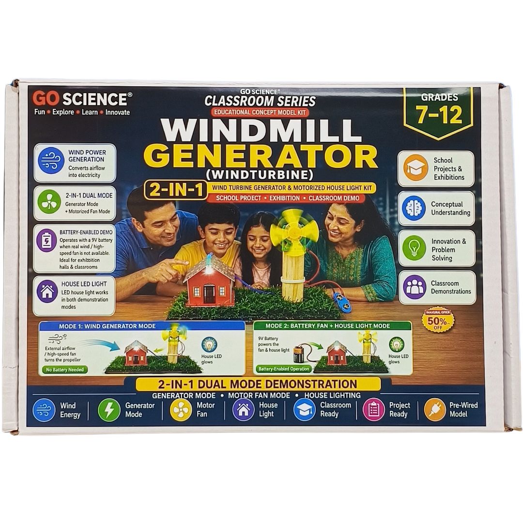 Go Science Windmill Generator Classroom Series 2-in-1 Wind Turbine and Motorized House Light Kit in its retail packaging, designed for grades 7-12. Windmill Generator (Windturbine) School Project go science classroom series image 2