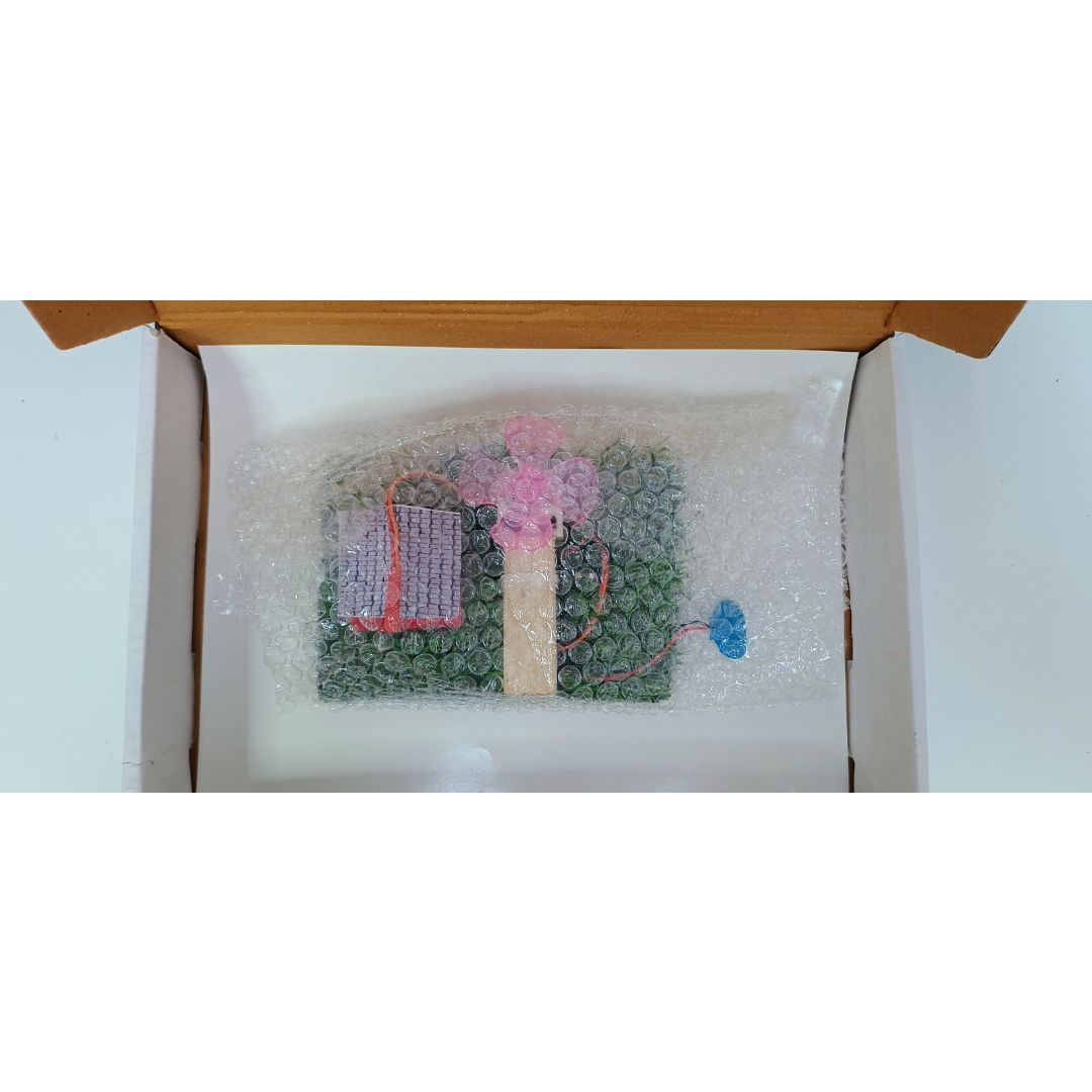 A small packaged item wrapped in bubble wrap inside an open cardboard box, photographed against a white background. Windmill Generator (Windturbine) School Project go science classroom series image 7