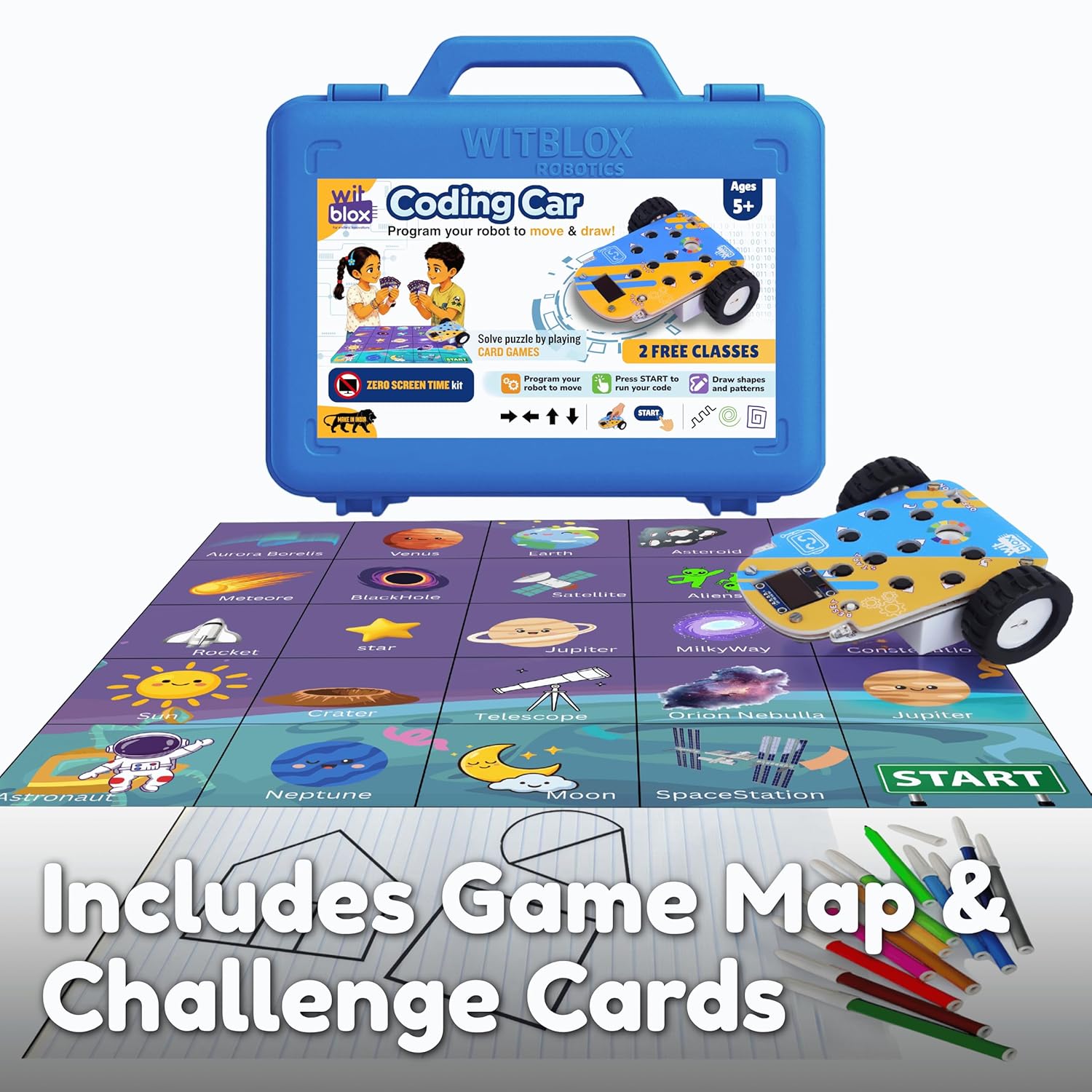 Witblox coding car kit with game map and challenge cards on a white background. WitBlox Coding Car for Kids STEM Learning Toy available at Go Science product image 2