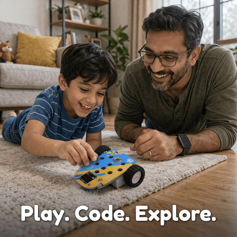 Man and child playing with a toy car on a rug in a living room. WitBlox Coding Car for Kids STEM Learning Toy available at Go Science product image 3