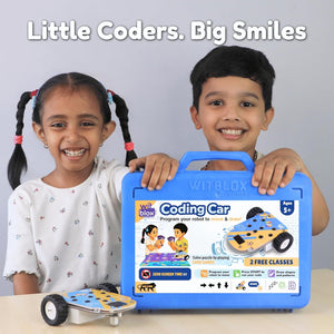 Two children holding a WItblox Coding Car kit with a smiling text 'Little Coders. Big Smiles'. WitBlox Coding Car for Kids STEM Learning Toy available at Go Science product image 5