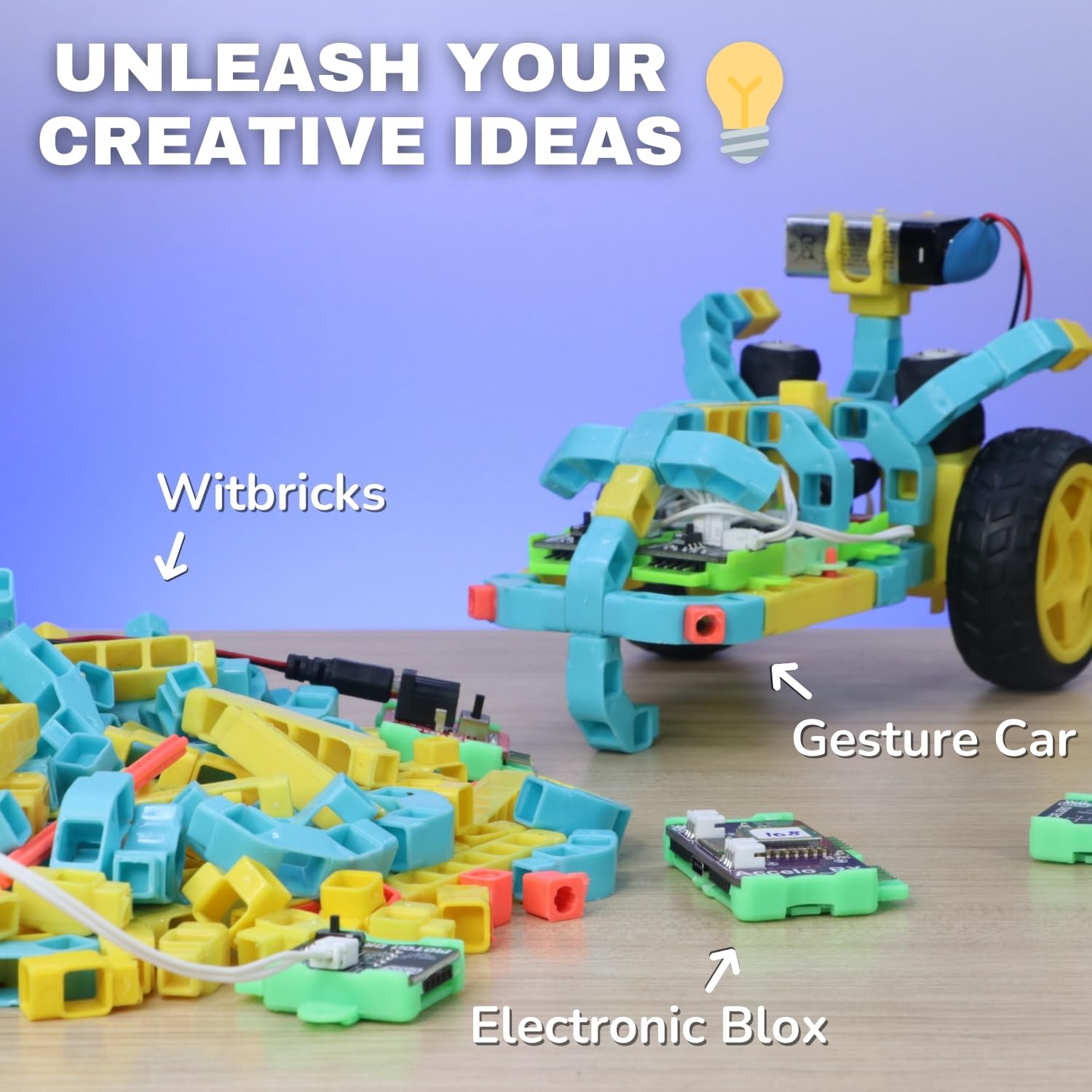 Witbricks educational toys including a gesture car and electronic components on a table with a blue background.