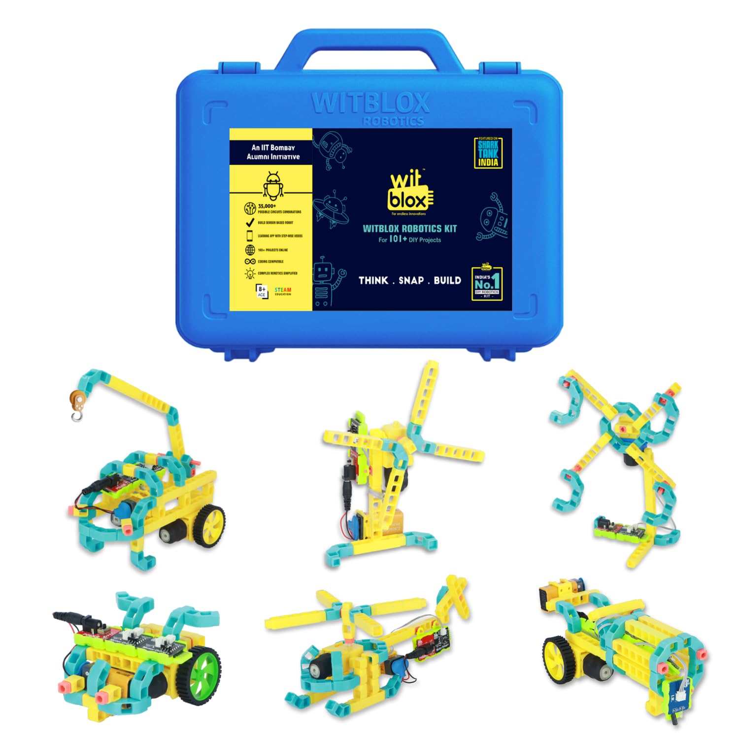 Witblox robotics kit with blue carrying case and assembled models on a white background