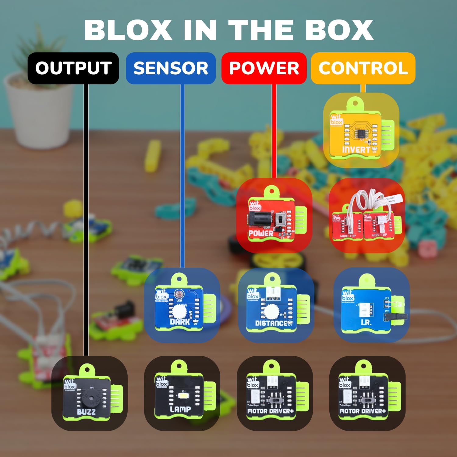 Educational diagram of 'Blox in the Box' with labeled components on a wooden surface.