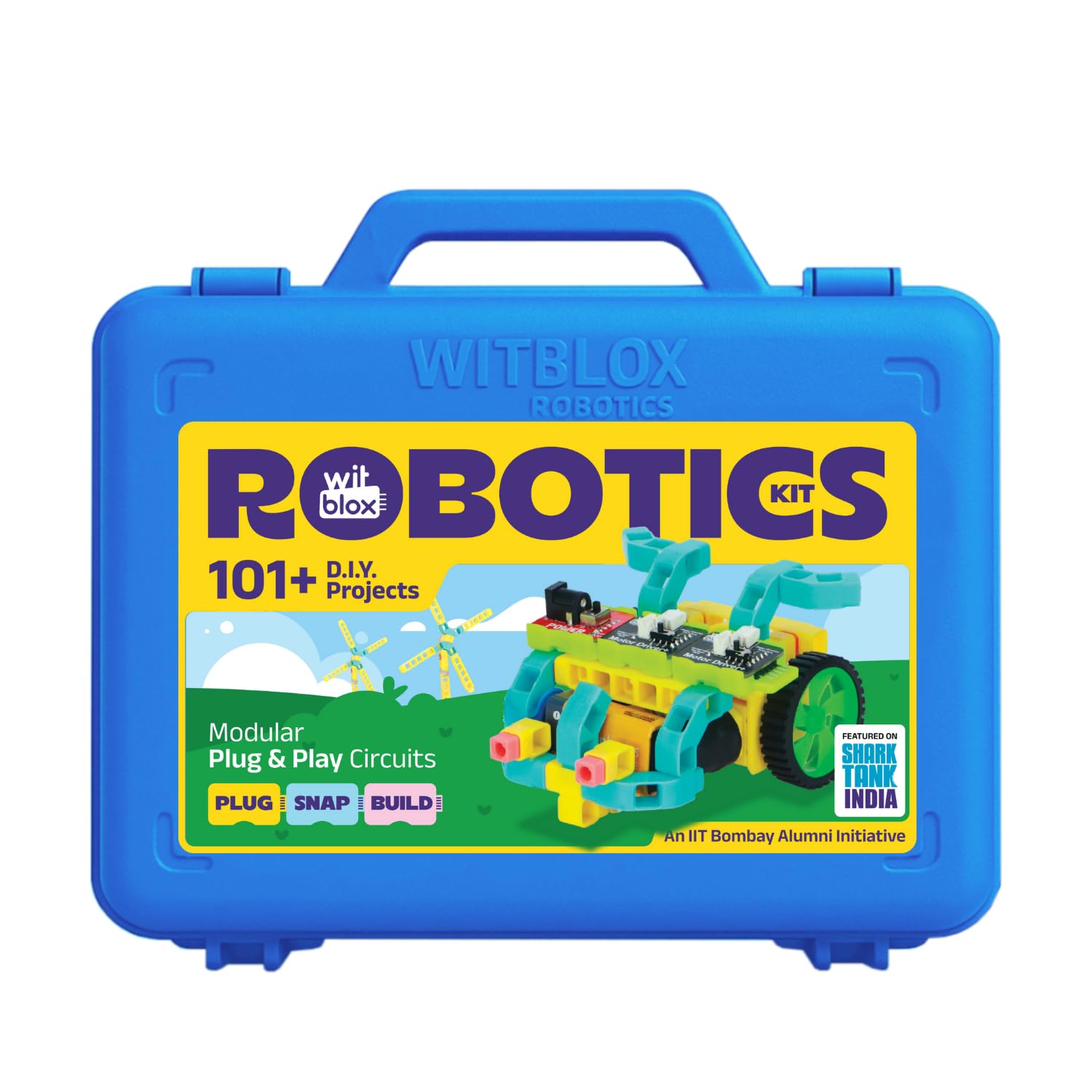 Blue Wiltblox Robotics kit with colorful robot illustration on a white background