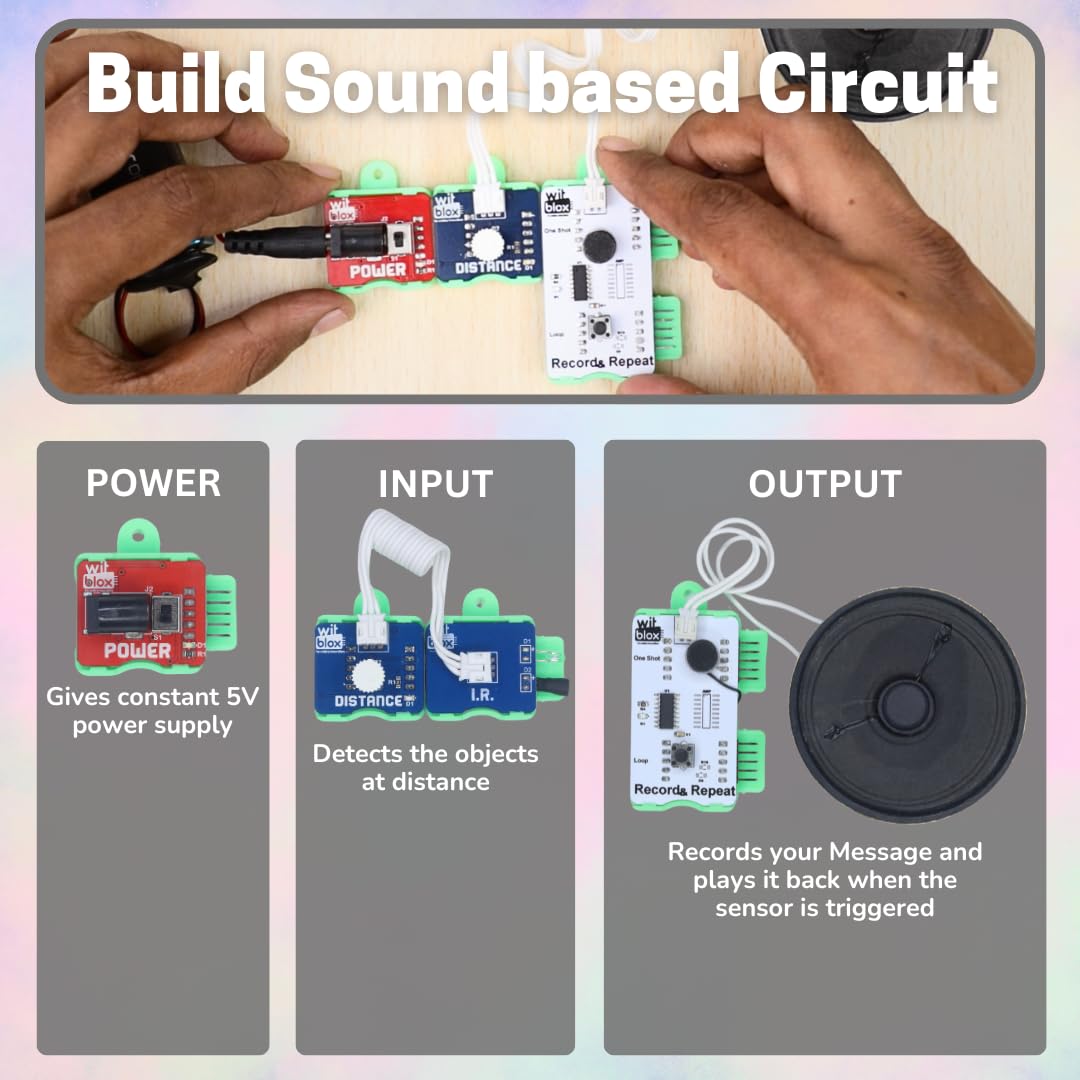 Hands building a sound-based circuit with labeled components for power, input, and output. WitBlox DIY Talking Robot Build Talking Based Projects available at Go Science product image 6