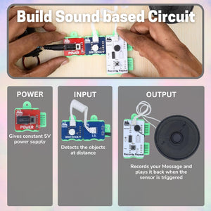 Hands building a sound-based circuit with labeled components for power, input, and output. WitBlox DIY Talking Robot Build Talking Based Projects available at Go Science product image 6