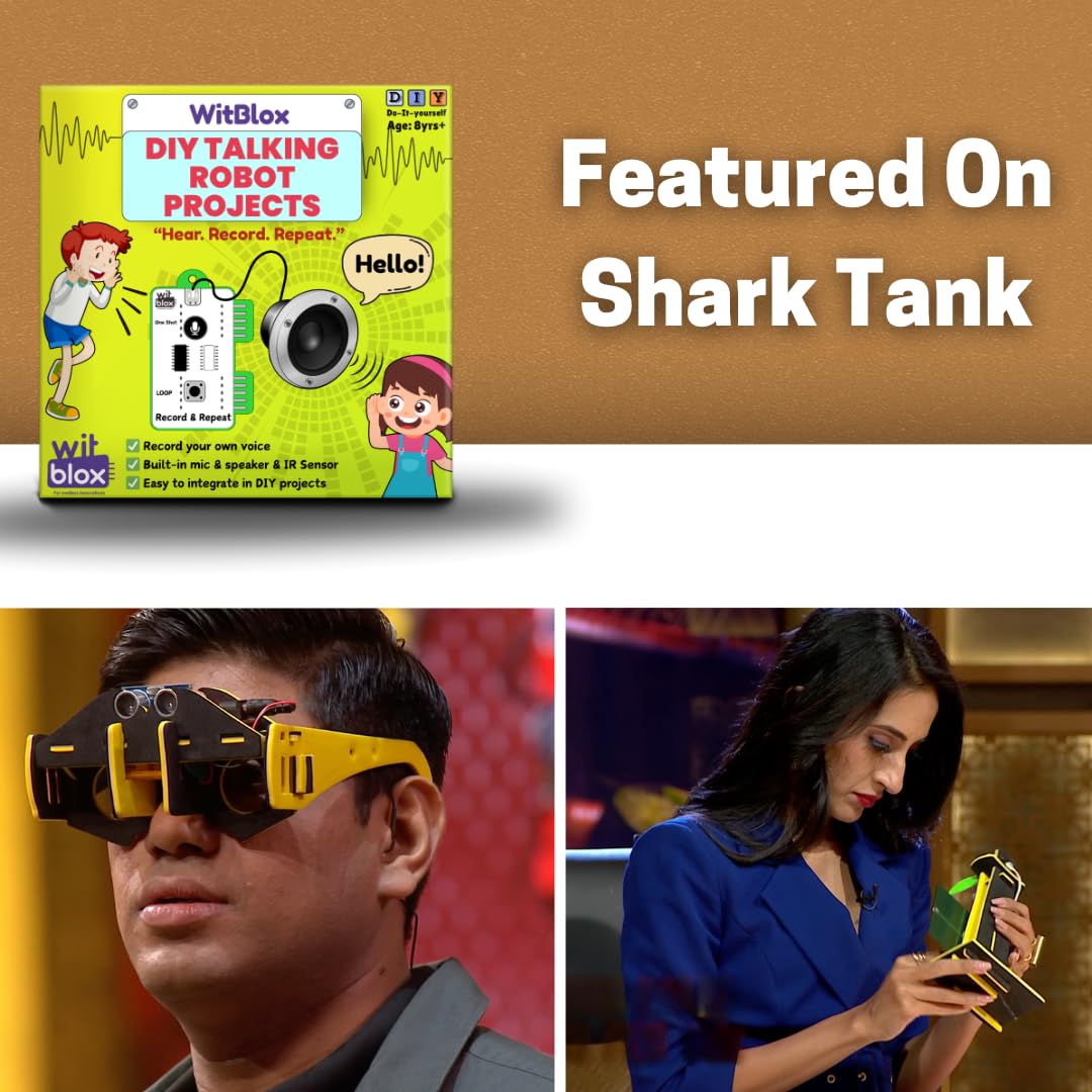 WitBlox DIY Talking Robot Projects kit with text 'Featured On Shark Tank' on a brown background.WitBlox DIY Talking Robot Build Talking Based Projects available at Go Science product image 8