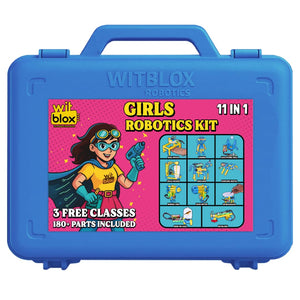 Blue toolbox with WITBLOX Robotics branding and a superhero girl illustration on a pink background. WitBlox Girls Robotics 11-in-1 DIY STEM Kit available at Go Science Image 2