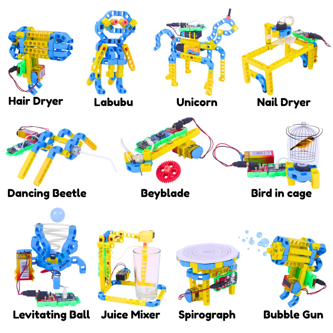 Collection of colorful building block models with labels on a white background. WitBlox Girls Robotics 11-in-1 DIY STEM Kit available at Go Science Image 3