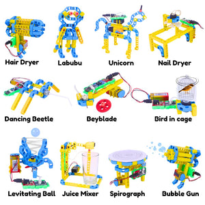 Collection of colorful building block models with labels on a white background. WitBlox Girls Robotics 11-in-1 DIY STEM Kit available at Go Science Image 3