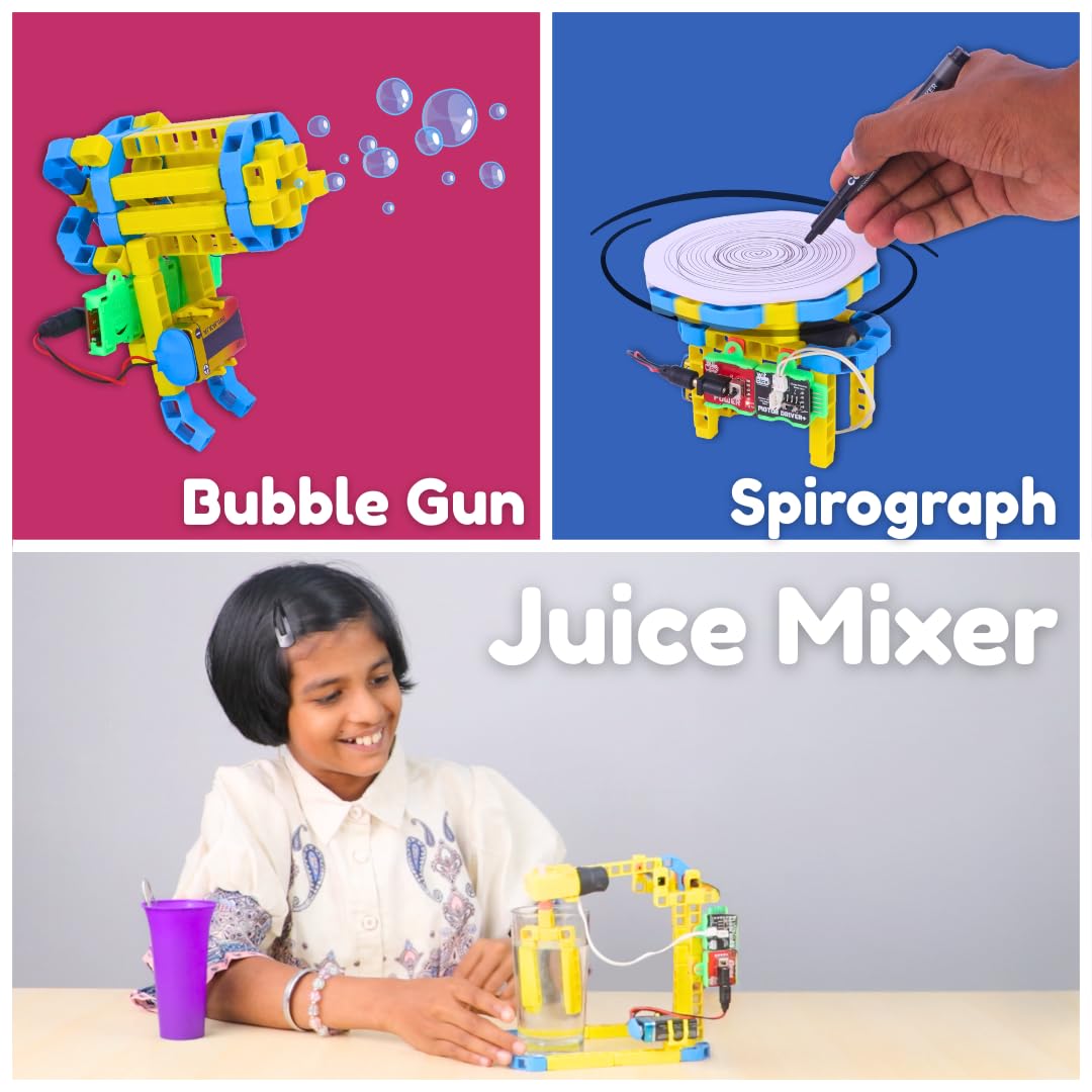 Three educational toys: a bubble gun, spirograph, and juice mixer, each with a label on a colorful background. WitBlox Girls Robotics 11-in-1 DIY STEM Kit available at Go Science Image 4