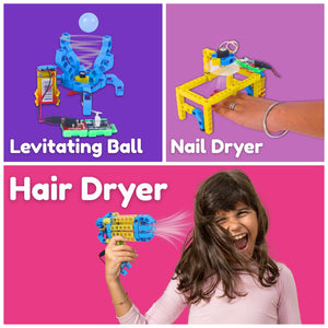 Three educational toys with labels 'Levitating Ball', 'Nail Dryer', and 'Hair Dryer' on a colorful background.