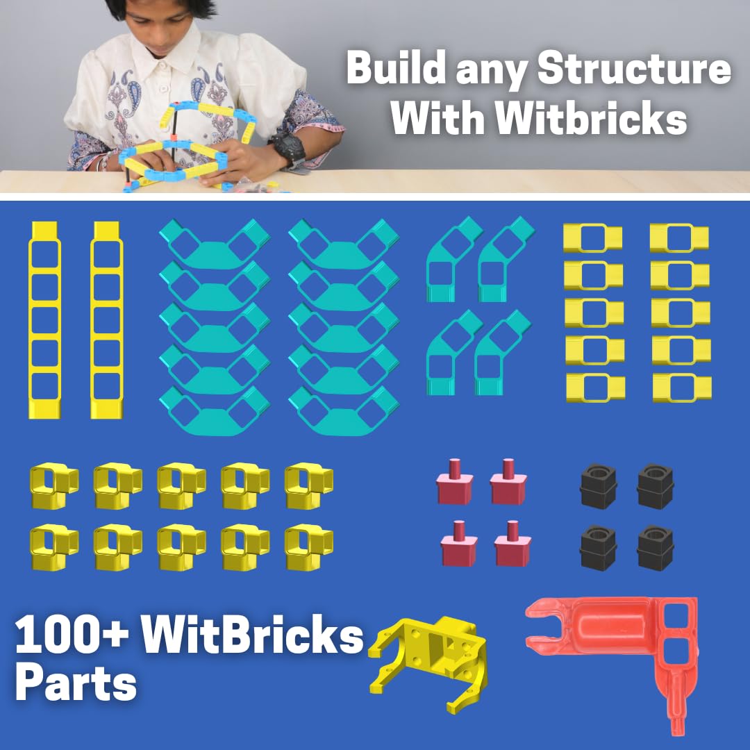 Promotional image of Witbricks building set with child playing and text on a blue background. WitBlox Girls Robotics 11-in-1 DIY STEM Kit available at Go Science Image 6