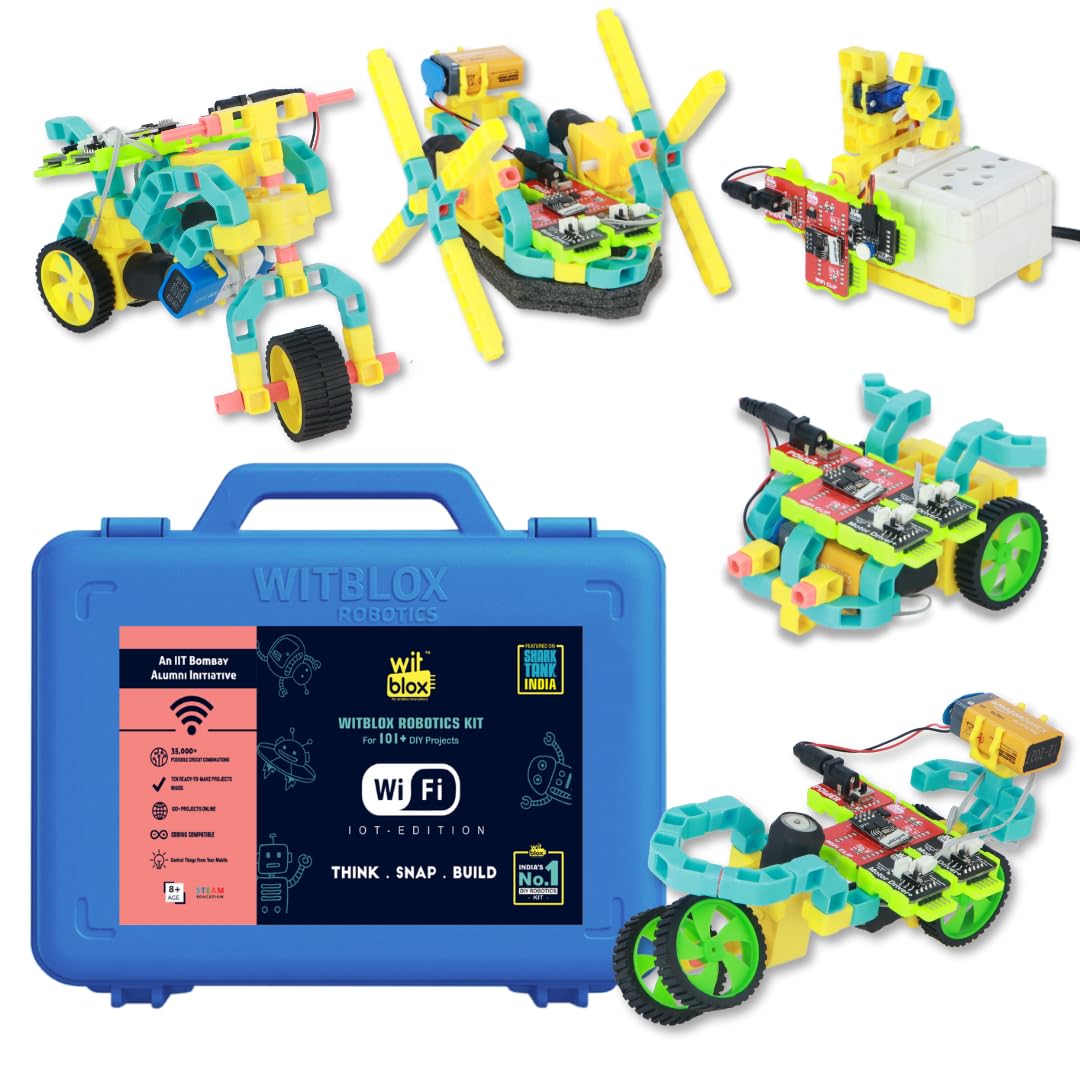 Witblox STEM education kit with various robot models and a blue carrying case on a white background.