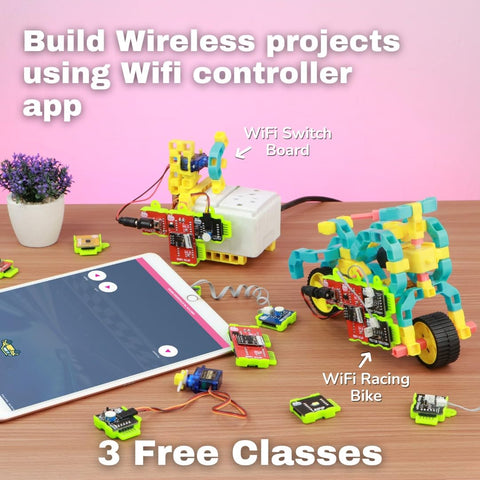 Educational robotics kit with Wi-Fi controller app on a wooden table