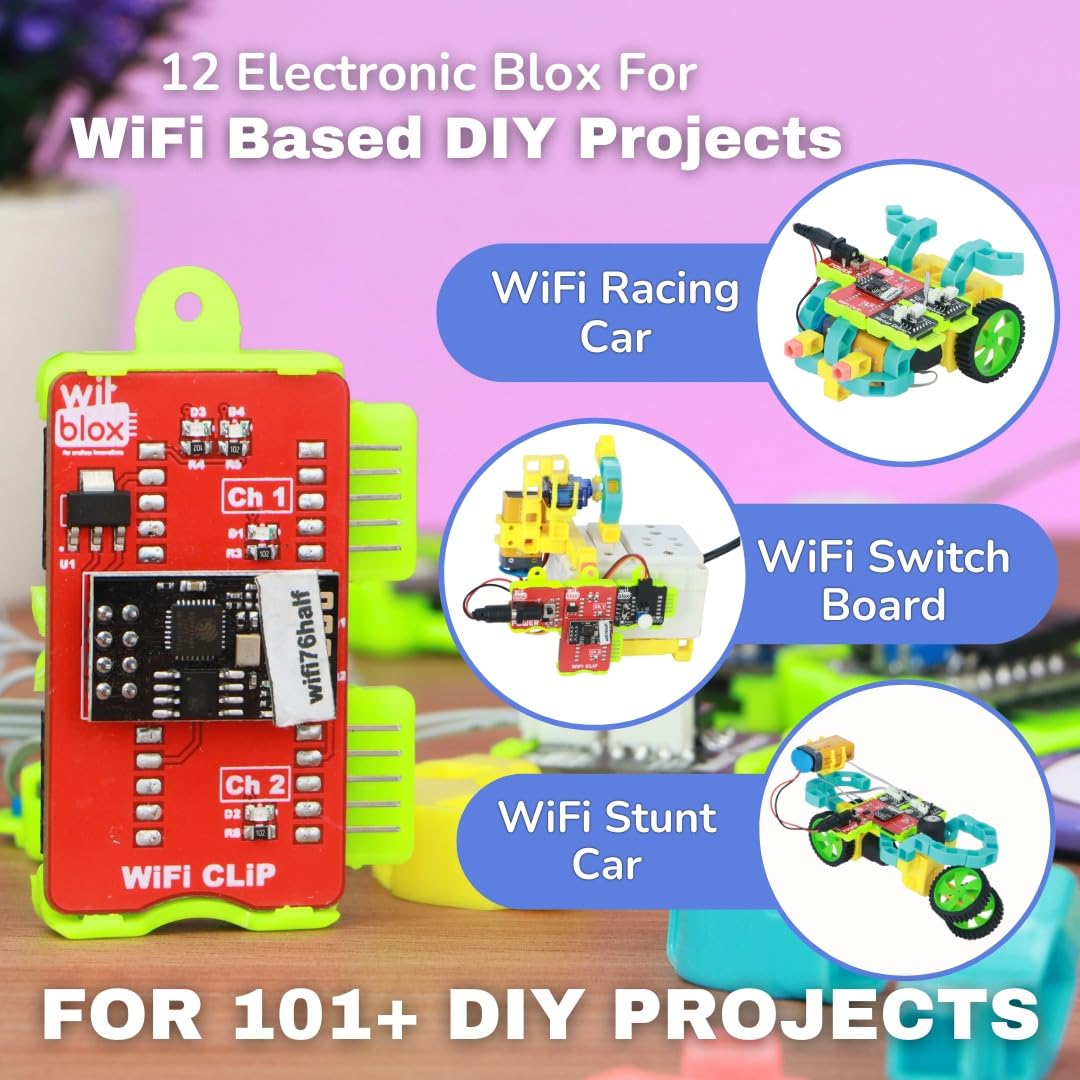 Electronic Blox kit with components for WiFi-based DIY projects on a colorful background.