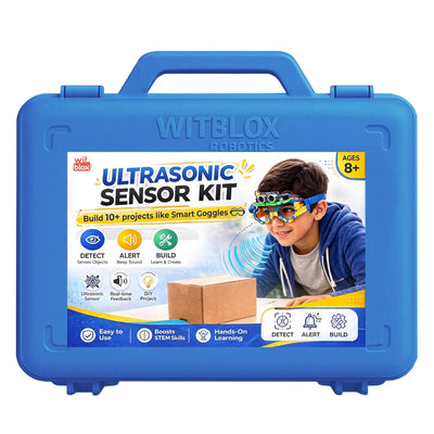 Blue WITBLOX Ultrasonic Sensor Kit packaging with a child and educational graphics on a white background. WitBlox Sonar Ultrasonic Sensor Kit at Go Science image 1