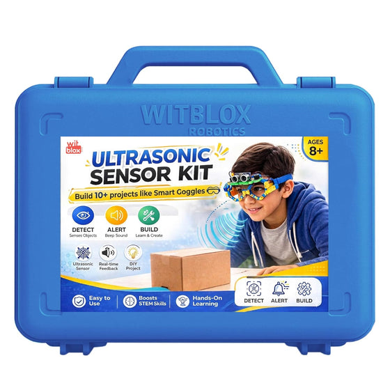 Blue WITBLOX Ultrasonic Sensor Kit packaging with a child and educational graphics on a white background. WitBlox Sonar Ultrasonic Sensor Kit at Go Science image 1