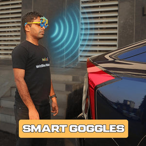 Person wearing smart goggles with a car in the background. WitBlox Sonar Ultrasonic Sensor Kit at Go Science image 3
