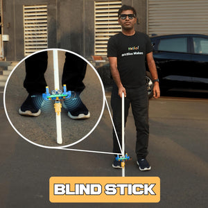 Person holding a 'Blind Stick' device with a close-up inset, standing on a street. WitBlox Sonar Ultrasonic Sensor Kit at Go Science image 4