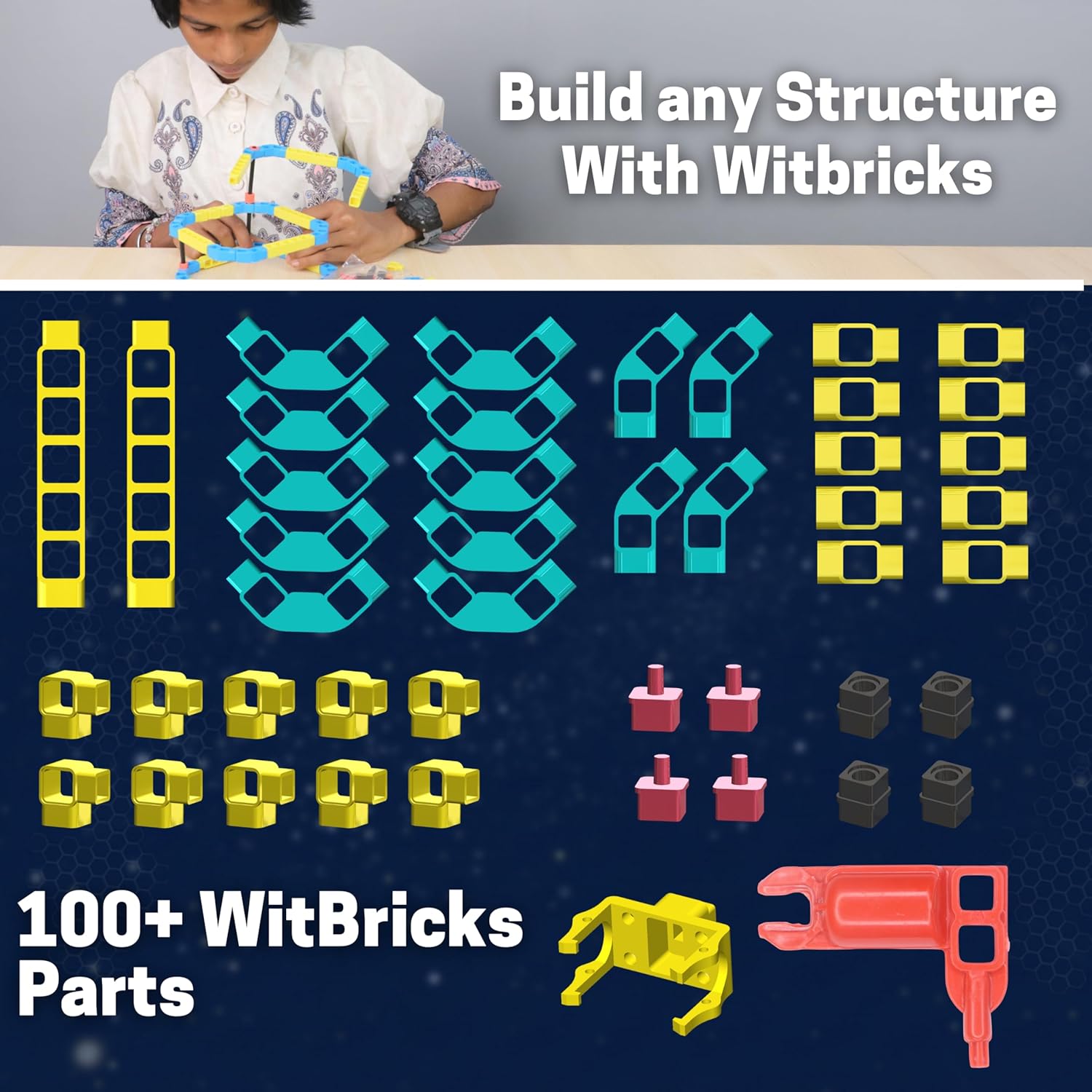 Promotional image of Witbricks building set with a child and text on a blue background. WitBlox Sonar Ultrasonic Sensor Kit at Go Science image 6