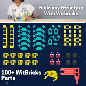 Promotional image of Witbricks building set with a child and text on a blue background. WitBlox Sonar Ultrasonic Sensor Kit at Go Science image 6
