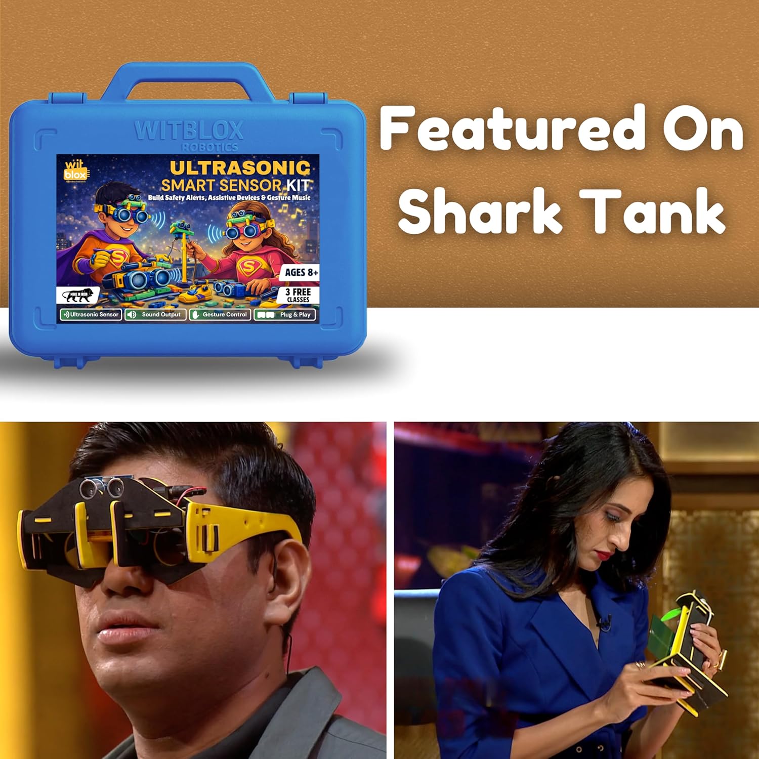 Blue Wiblox kit with ultrasonic smart sensor kit, shown on Shark Tank, with people wearing goggles and using a device. WitBlox Sonar Ultrasonic Sensor Kit at Go Science image 8