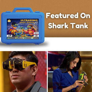 Blue Wiblox kit with ultrasonic smart sensor kit, shown on Shark Tank, with people wearing goggles and using a device. WitBlox Sonar Ultrasonic Sensor Kit at Go Science image 8