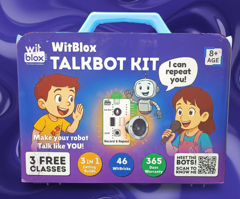 WitBlox Talkbot Kit packaging with cartoon characters and product features on a dark background