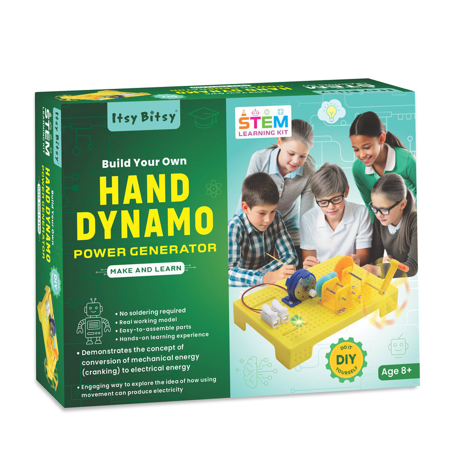 Box for 'Build Your Own Hand Dynamo Power Generator' STEM learning kit with children on the cover. bitsy-Build Your Own Hand Dynamo Power Generator DIY Stem Learning Kit go science product image 