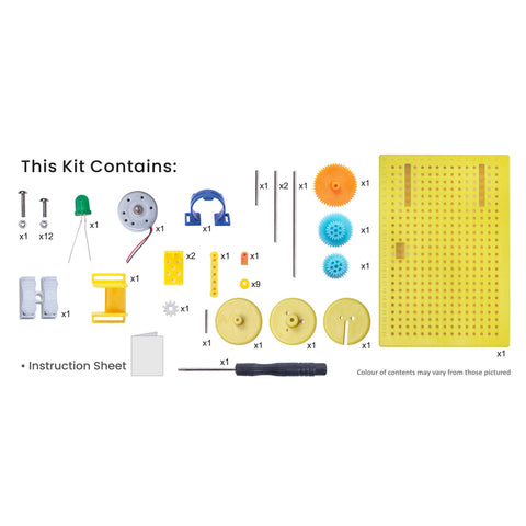 List of components included in a kit with a yellow pegboard on a white background. bitsy-Build Your Own Hand Dynamo Power Generator DIY Stem Learning Kit go science product image 3