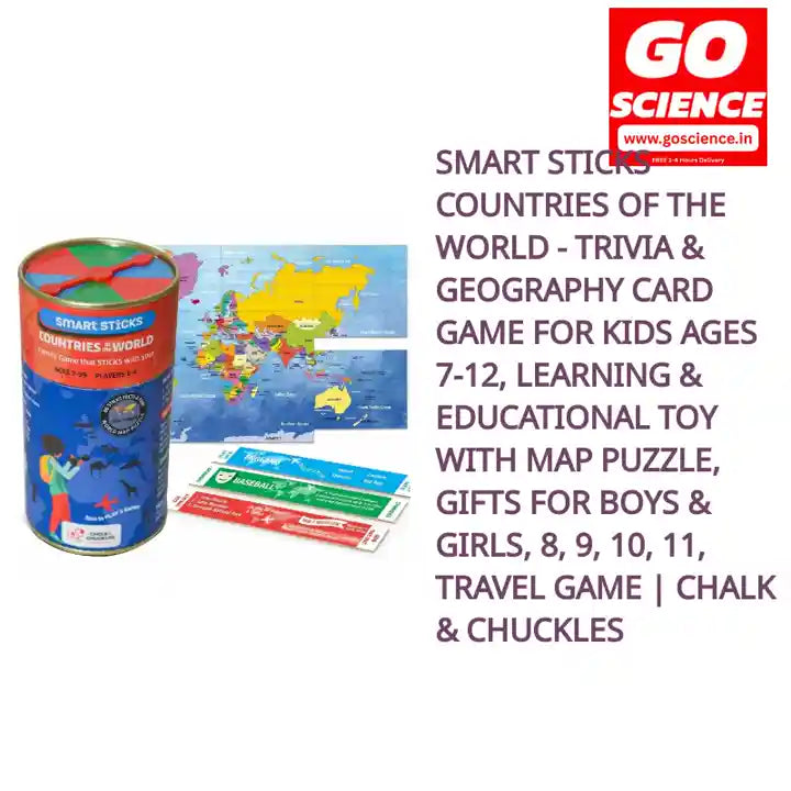 Smart Sticks Countries of The World - Trivia &amp; Geography Card Game for Kids Ages 7-12, Learning &amp; Educational Toy with Map Puzzle, Gifts for Boys &amp; Girls, 8, 9, 10, 11, Travel Game | Chalk &amp; Chuckles by@Outfy